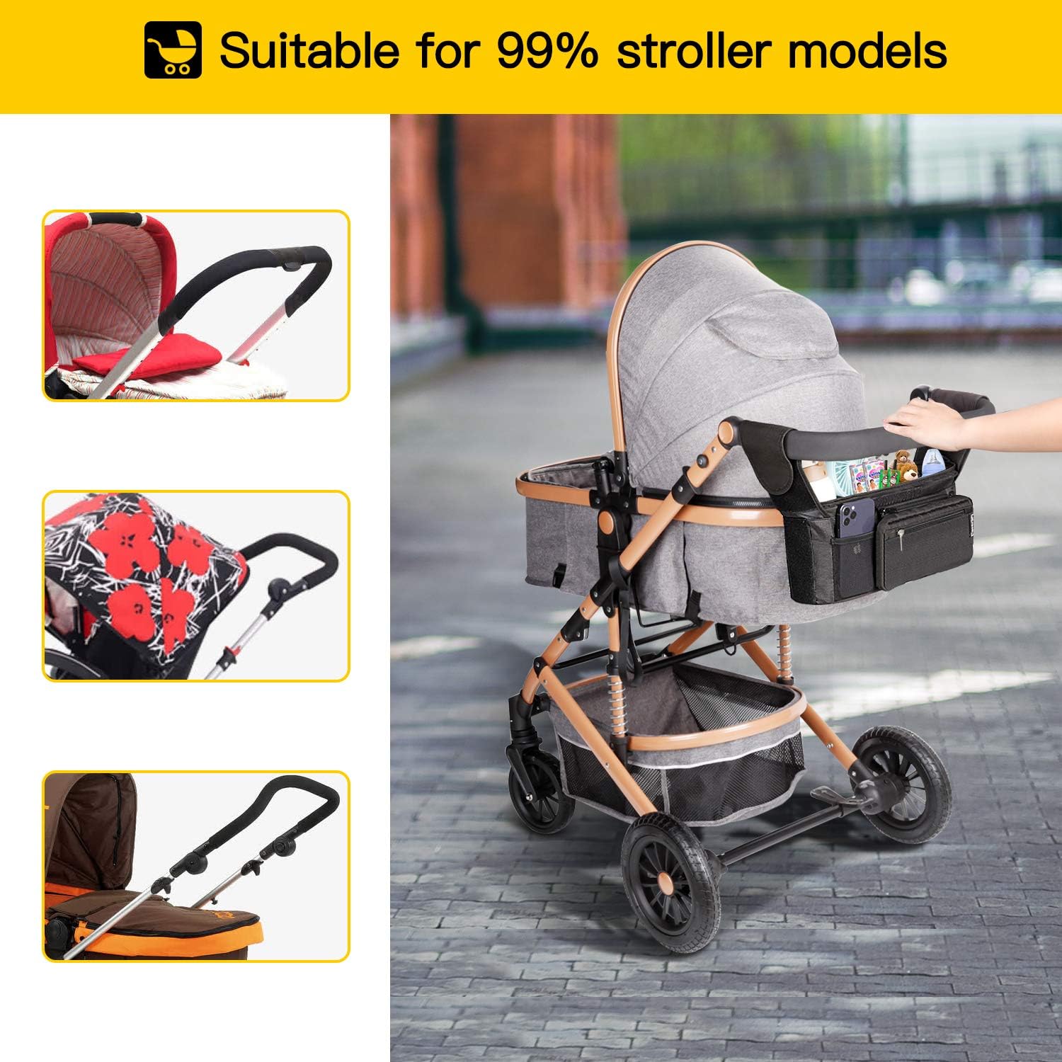 Feltom Baby Stroller Organizer, Universal Stroller Storage Bag with Cup Holders Waterproof and Detachable Phone Bag and Shoulder Strap, Stroller Accessories for Carrying Diaper, Phone, Toys and Snacks: Home Improvement