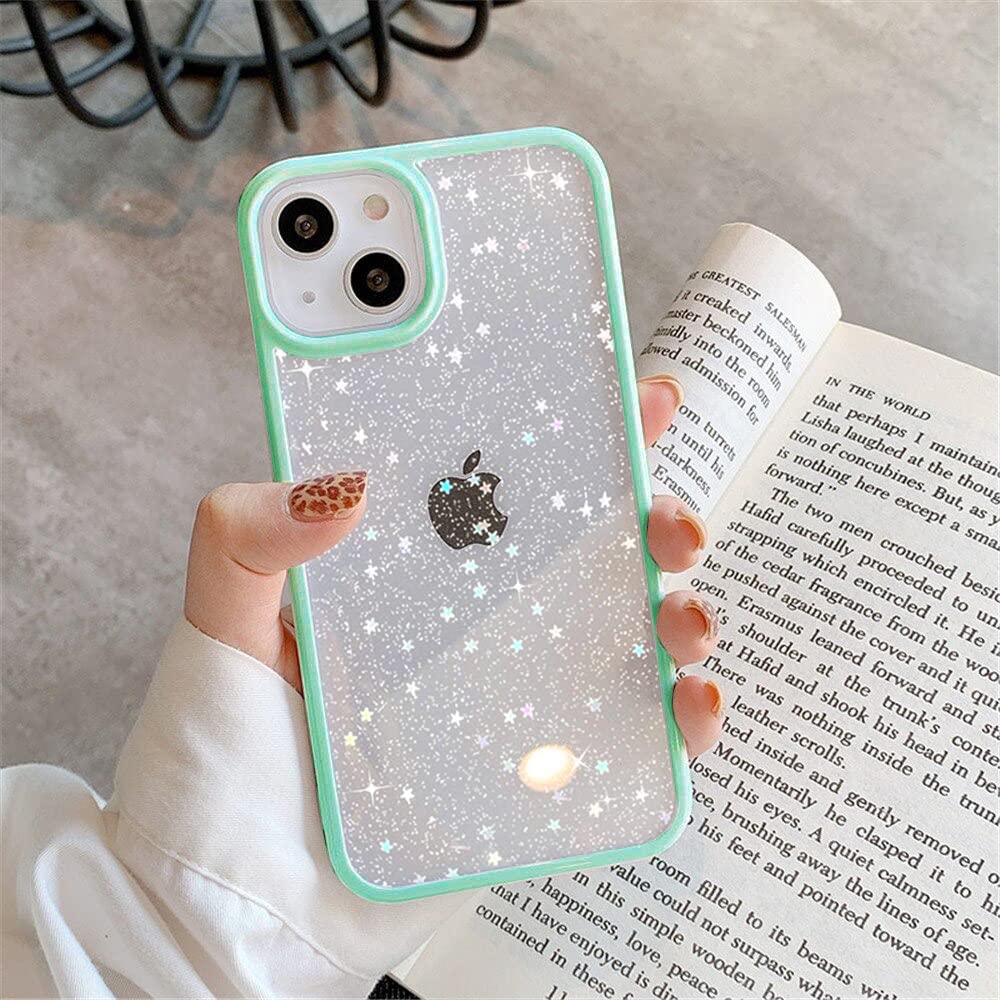 OWM iPhone 14 PLUS Case Clear Back Glitter Bling Star Sparkly Bumper Crystal Shockproof Silicone Slim Phone Cover Women Girls Case for iPhone 14 PLUS (Mint)