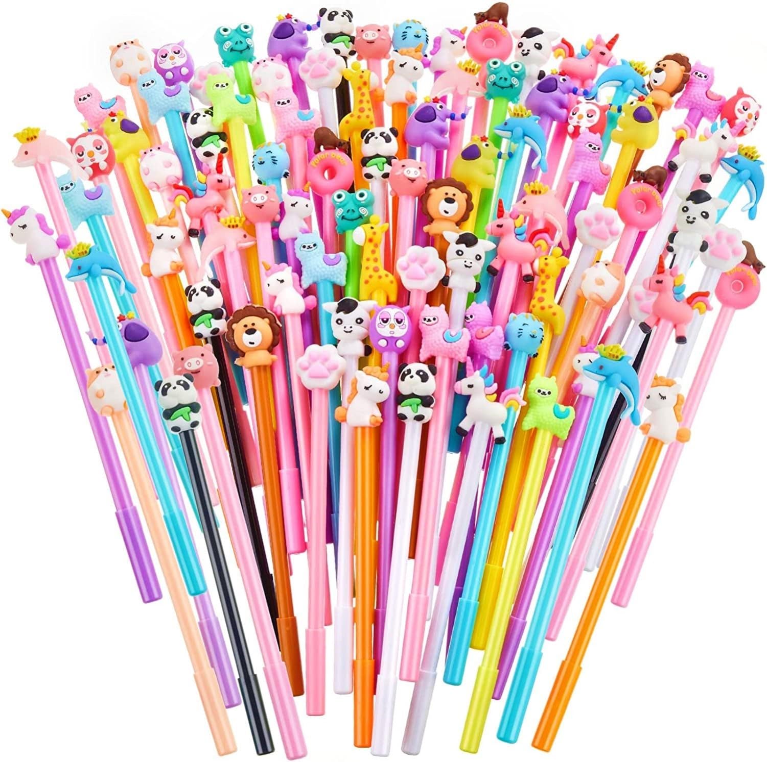 KAHEIGN 80Pcs Cartoon Gel Ink Pens, Random Assorted Styles Cute Animal Gel Ink Pen 0.5 mm Black Ink Cool Pens Fun Kawaii Gels Inks Pen for Office Student Kids School Supplies Present (17cm x 2cm)