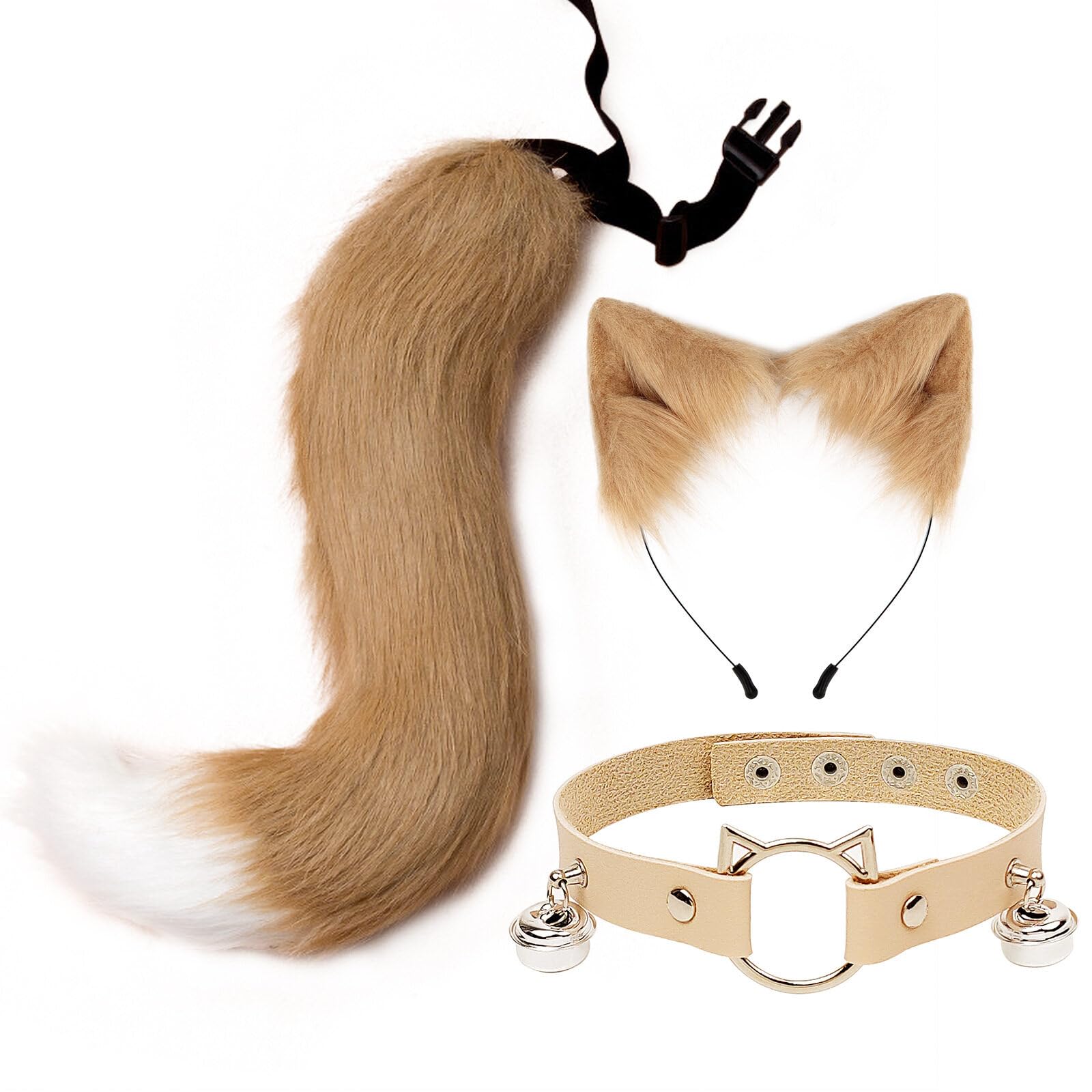 Tail and Ears Set Long Fox Tail Cosplay Faux Fur Furry Fox Wolf Tail Kit with Ears and Bells Collar for Anime Fancy Dress Party Halloween Christmas Dress Up Carnival Role Play