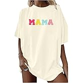 Mama Shirt Women Mama Chenille Lettering Shirts Mom Gifts Oversized T-Shirts Trendy Mom Casual Tee Tops