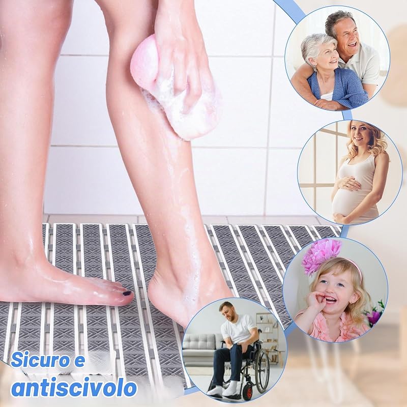 Tappetino Antiscivolo per Vasca da Bagno, 40 * 70cm Tappetini Antiscivolo per Doccia Tagliabile Tappetino per Il Bagno con Ventose, Idea per i Bambini e Anziani, Grigio