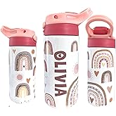 Personalized Kids Water Bottle with Straw Lid - Custom Name Rainbow Design Leak-Proof, 12 oz - Perfect for School, Sports, and Travel