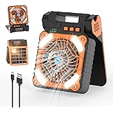 Smiling Shark Camping Fan with LED Lantern, USB Rechargeable Solar Camp Fan with 4 Speeds Powerful Wind & 3 Timer 90° Foldable Cordless Portable Tent Fan for Camping Fishing Hiking