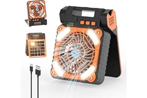 Smiling Shark Camping Fan With LED Lantern, 4 Speeds Powerful Wind Portable 6000 mAh Solar Rechargeable 90° Foldable Camp Fan With Power Bank & 3 Timer Cordless Tent Fan For Camping Fishing Hiking