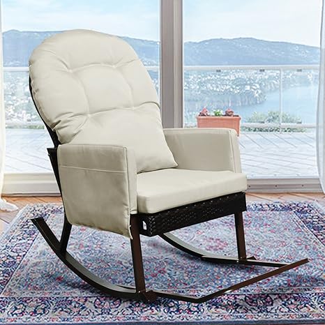 Silla reclinable de mecedora al aire libre de mimbre con reposapiés