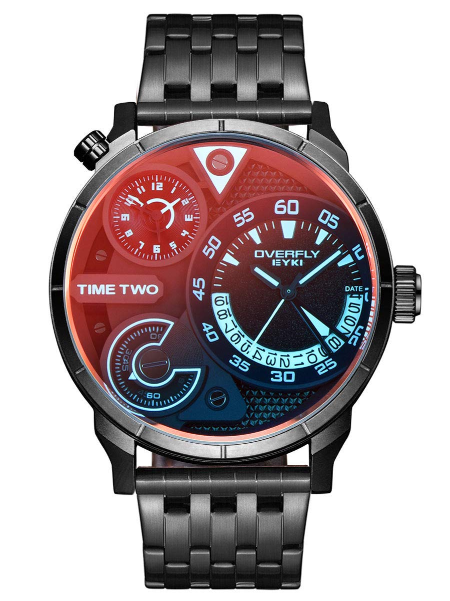Alienwork XXL Oversized Men's Watch Calendar 2 Time Zones