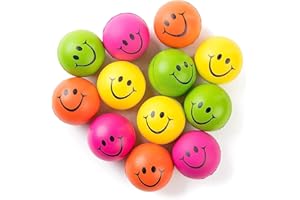 NELIBLU Be Happy! Neon Colored Smile Funny Face Stress Ball - Happy Face Squishies Stress Foam Balls for Soft Play - Bulk Pack of 12 Relaxable 2.5" Stress Relief Smile Squeeze Balls Fun Toys - Toddler Balls