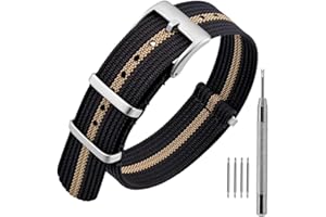 ANNEFIT Nylon Watch Band 22mm, One-Piece Waterproof Military Watch Straps with Heavy Silver Buckle (Black/Khaki)