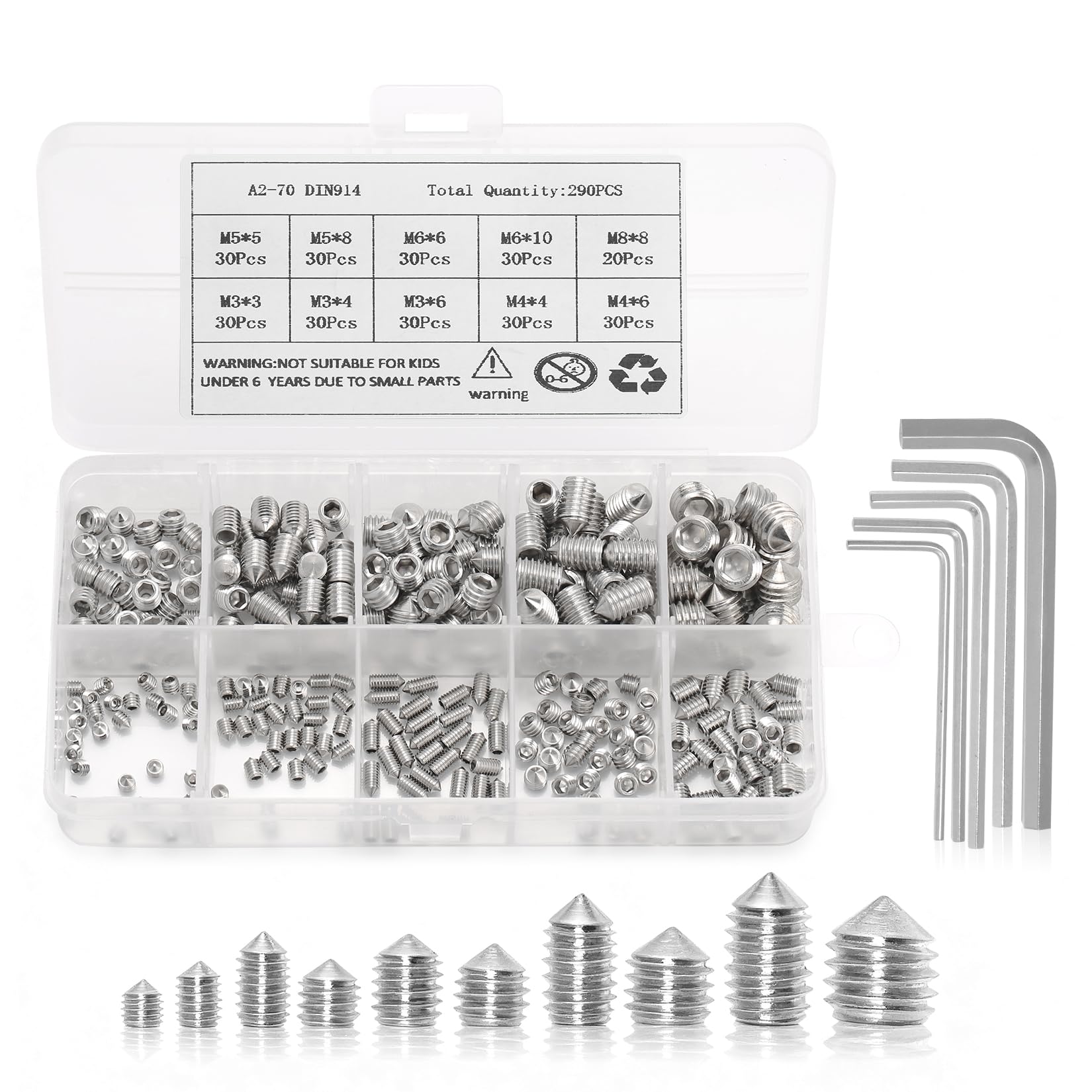 Assorted Cone Point Grub Screws - Stainless Steel Metric Thread Socket Screws with M3 M4 M5 M6 M8 Sizes and Allen Keys" (290, silver, M3,M4,M5,M6,M8)