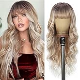 UNNYMGER Ombre Blonde Wigs with Bangs Long curly wavy Wig highlight platinum blonde Wig for Women Natural Synthetic Wigs for Daily Party Use 26IN(highlight platinum blonde)