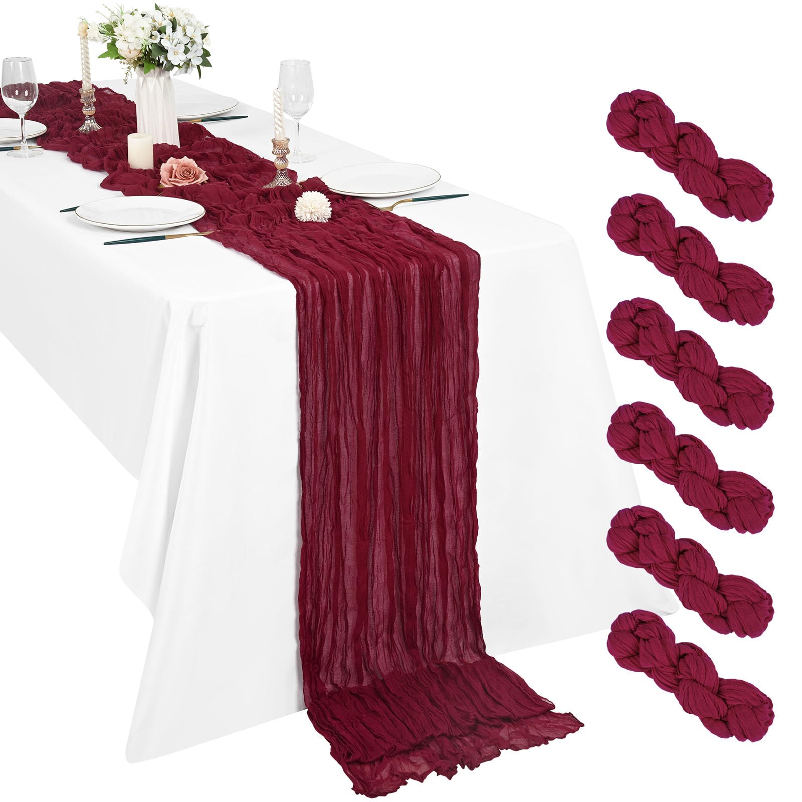 Pesonlook 6 Pack Burgundy Cheesecloth Table Runner, 10Ft Boho Gauze Table Runner 21×120 Inch Rustic Romantic Long Table Runner for Wedding Party Bridal Shower Thanksgiving Christmas Decoration