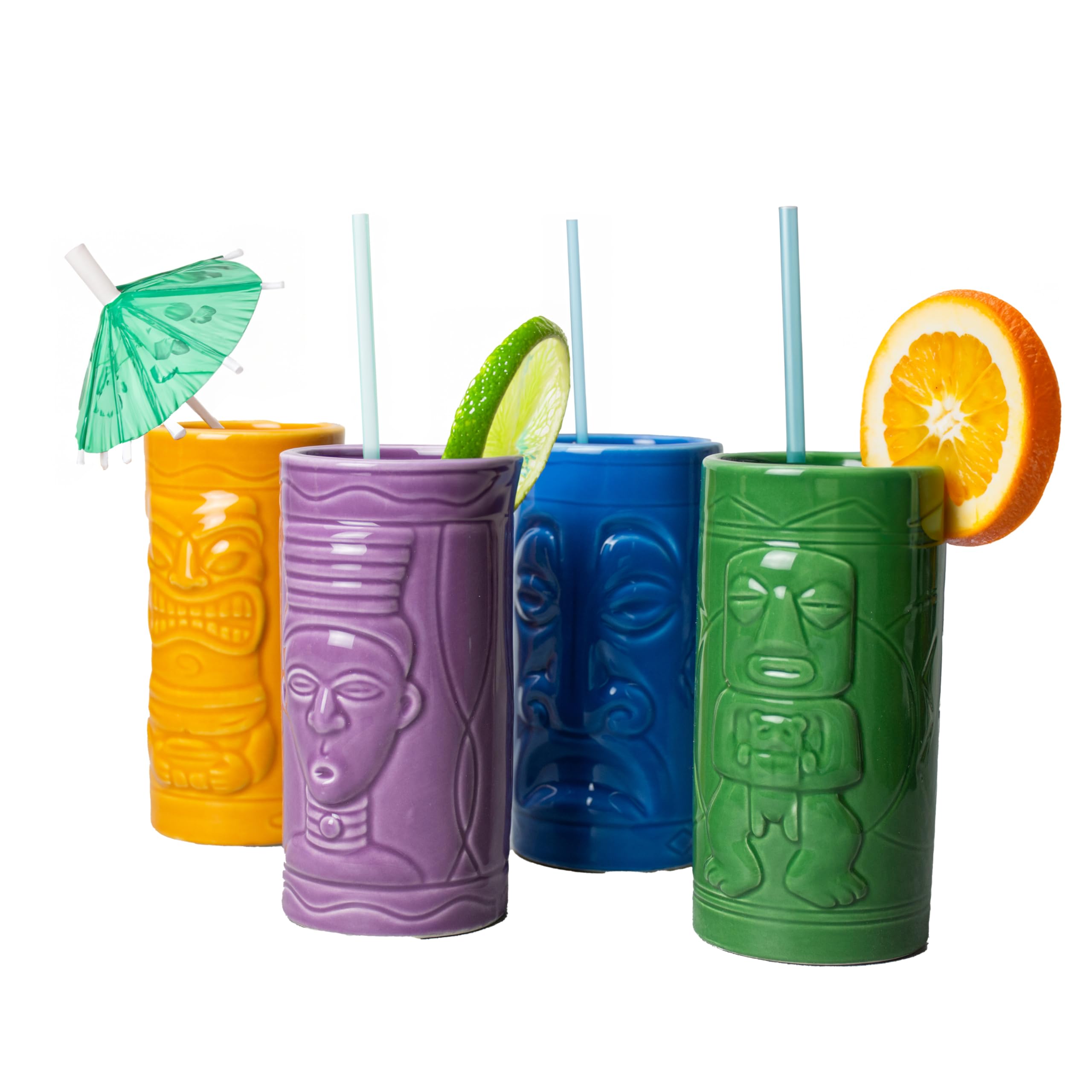 #winning Tiki Party Mugs 4 Set Colourful Ceramic 12 fl oz Hawaiian Style Drinks