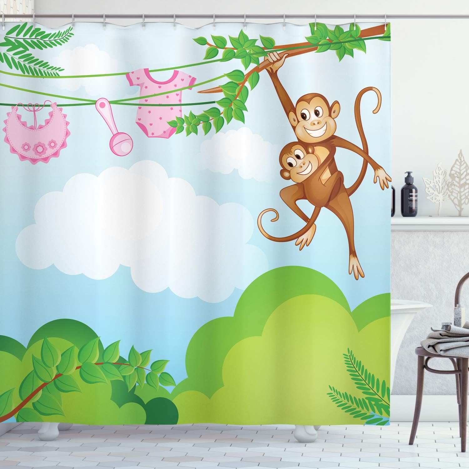 Abakuhaus Nursery Shower Curtain Monkey Swinging With The Kid Baby Clothes Chimpanzee Jungle Joy Togetherness Cloth Fabric Bathroom Decor Set With Hooks 78 Inches Green Brown Pink Amazon Co Uk Kitchen Home