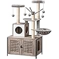 HOOBRO Cat Tree with Litter Box Enclosure, 27.6" L x 18.9" W x 52" H, All-in-One Wooden Cat Tower, Cat Furniture for Indoor Cats, Cat Condo with Hammock, Detachable Teaser Sticks, Greige BG14MZ03