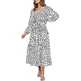 PRETTYGARDEN Womens Spring Long Sleeve Wrap V Neck Ruffle Floral Maxi Dress Casual Tie Waist Boho Chiffon Flowy Long Dresses