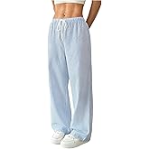 Milumia Women's Striped Wide Leg Low Rise Linen Pants Drawstring Elastic Waist Long Trousers with Pockets