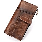 KingTo Genuine Leather Long Wallet for Women Vintage Checkbook Wallets with RFID Blocking Card Holder (coffee)