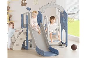 XJD 6-in-1 Toddler Slide and Swing Set, Kids Slide for Toddlers Age 1+, Toddler Outdoor Playset with Basketball Hoop, Swing, Outdoor Indoor Playground for Toddlers 1-3 (Blue)