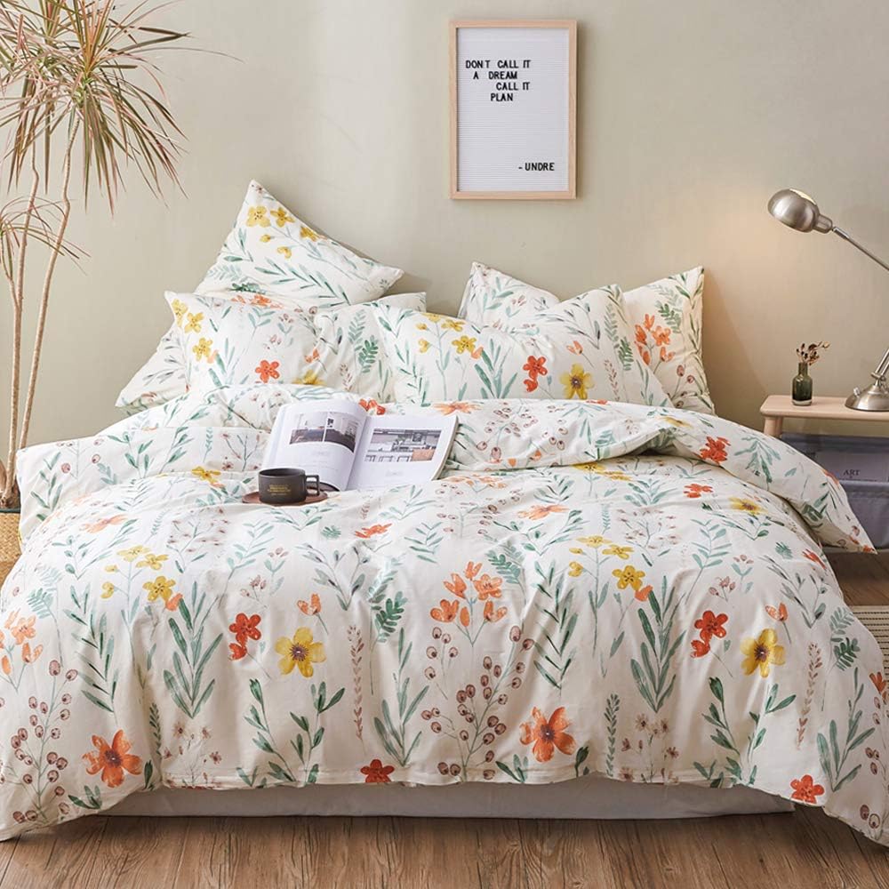 mixinni Queen Garden Duvet Cover Set Full Soft Cotton Floral Flower Bedding Set with Zipper Closure 2 Envelope Pillowcases Green Leaf Printed Comforter Cover Set-Easy Care, Soft and Durable-Spring