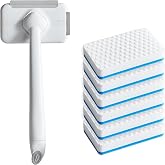 Magic Sponge Eraser Scrub Brush,6 Melamine Sponges Refills,Bathtub Shower | 90&deg; Rotatable Brush Head， Dual Silicone &amp; Hard Scraper， Hook &amp; Loop Quick Swap，Waterproof Sturdy PP Handle