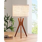 EDISHINE Mid Century Table Lamp, 17.5" Tripod Bedside Lamp with Deep Wood Color Light Base & Beige Linen Lampshade, Nightstand Lamp for Bedroom, Living Room, Reading Room, E26 Base