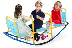 HONEY JOY Kids Seesaw Teeter Totter, 3-Person Heavy Duty Metal Playground Equipment for Backyard, Indoor Outdoor Rocking Fun for Toddlers Boys Girls Age 3-8, Teeter Totter for Kids Outdoor(Blue)