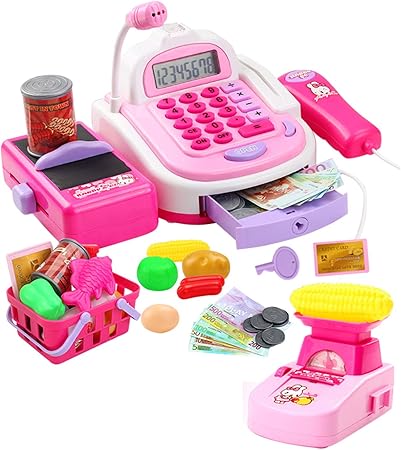 Amazon Pretend Play 電子レジスター スケール付き おもちゃ リアルなアクション サウンド ショッピング現金レジスター アクセサリー ひらがな カタカナ 漢字 おもちゃ