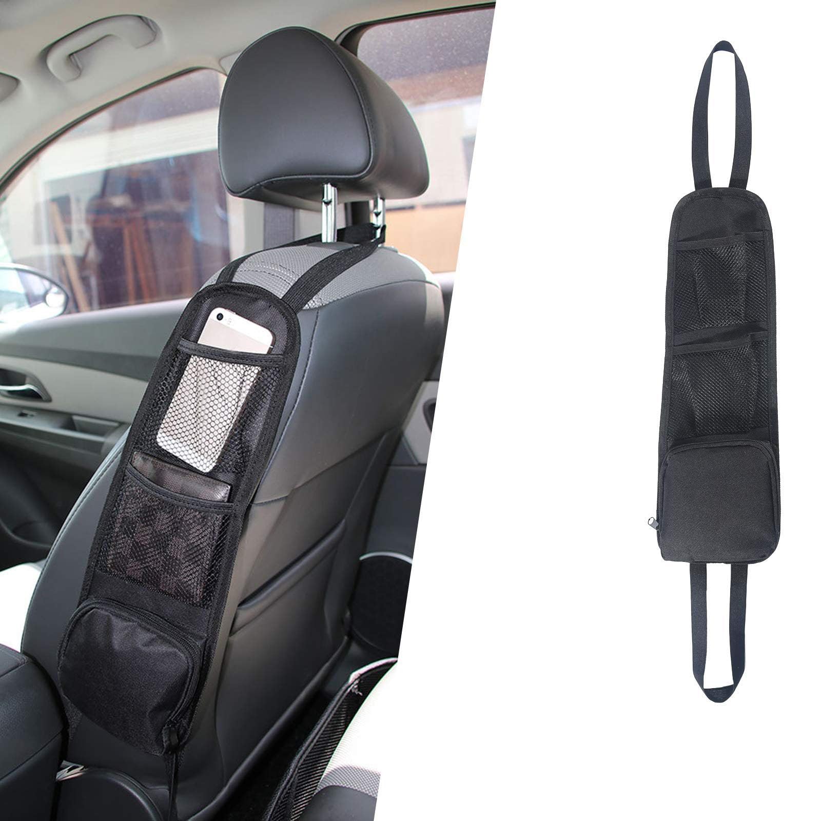 URAQT Car Organisers, Car Seat Side Storage Bag with 3 Pockets, Front Seat Mesh Hanging Bag for Auto Small Items, Durable Drink Holder Storage Pockets Fit for All Vehicles