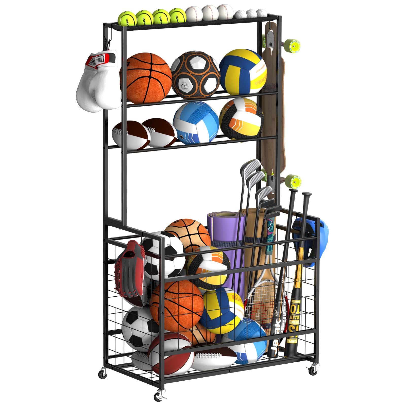 Photo 1 of Sports Equipment Organizer Garage Basketball Ball Holder for Sports Gear and Toys Garage Ball Storage Rack Cart with Wheels and Hooks for Volleyball Football Basketball, Indoor/Outdoor, Black