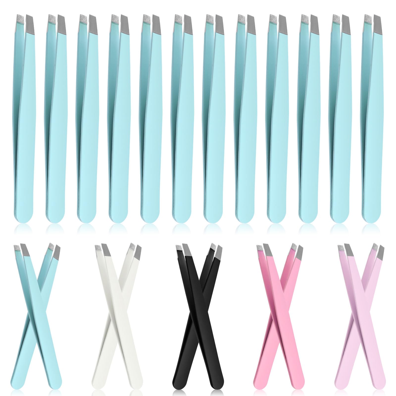GLARKS 12Pcs Blue Stainless Steel Slanted Tip Eyebrow Tweezers