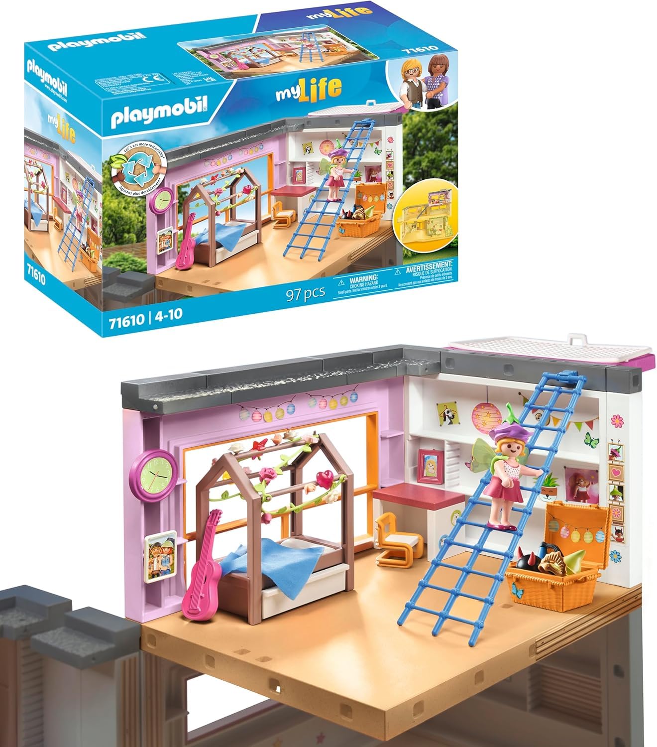 PLAYMOBIL MyLife 71610 Kinderzimmer, inklusive Einer Mädchenfigur und einem Stickerbogen, zu über 80 % aus recycelten und biobasierten Materialien, vielfältiges Spielzeug für Kinder ab 4 Jahren