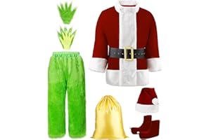 DASELEA Santa Claus Costume, Halloween Costumes Adult for Men 8PCS Deluxe Funny Cosplay Santa Outfit.