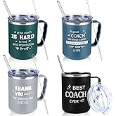 Uiifan 4 Sets Thank You Gifts for Coach Christmas 16 oz Coach Cup with Handle Straw Lid Straw Brush Stainless Steel Insulated Sports Team Coffee Mug for Xmas Appreciation Retirement Gift(Mixed Color)