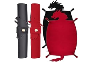 SIQUK 2 Pieces Dragon Dice Rolling Tray PU Leather Dice Mat Folding Scroll Dices Holder for D&D RPG Games (Black, Red)