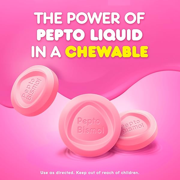 PEPTO BISMOL CHEWABLE TABLETS, UPSET STOMACH RELIEF, NAUSEA RELIEF, HEARTBURN RELIEF, INDIGESTION RELIEF, ANTI DIARRHEA MEDICATION FOR ADULTS – 5 SYMPTOM RELIEF, 48 CT