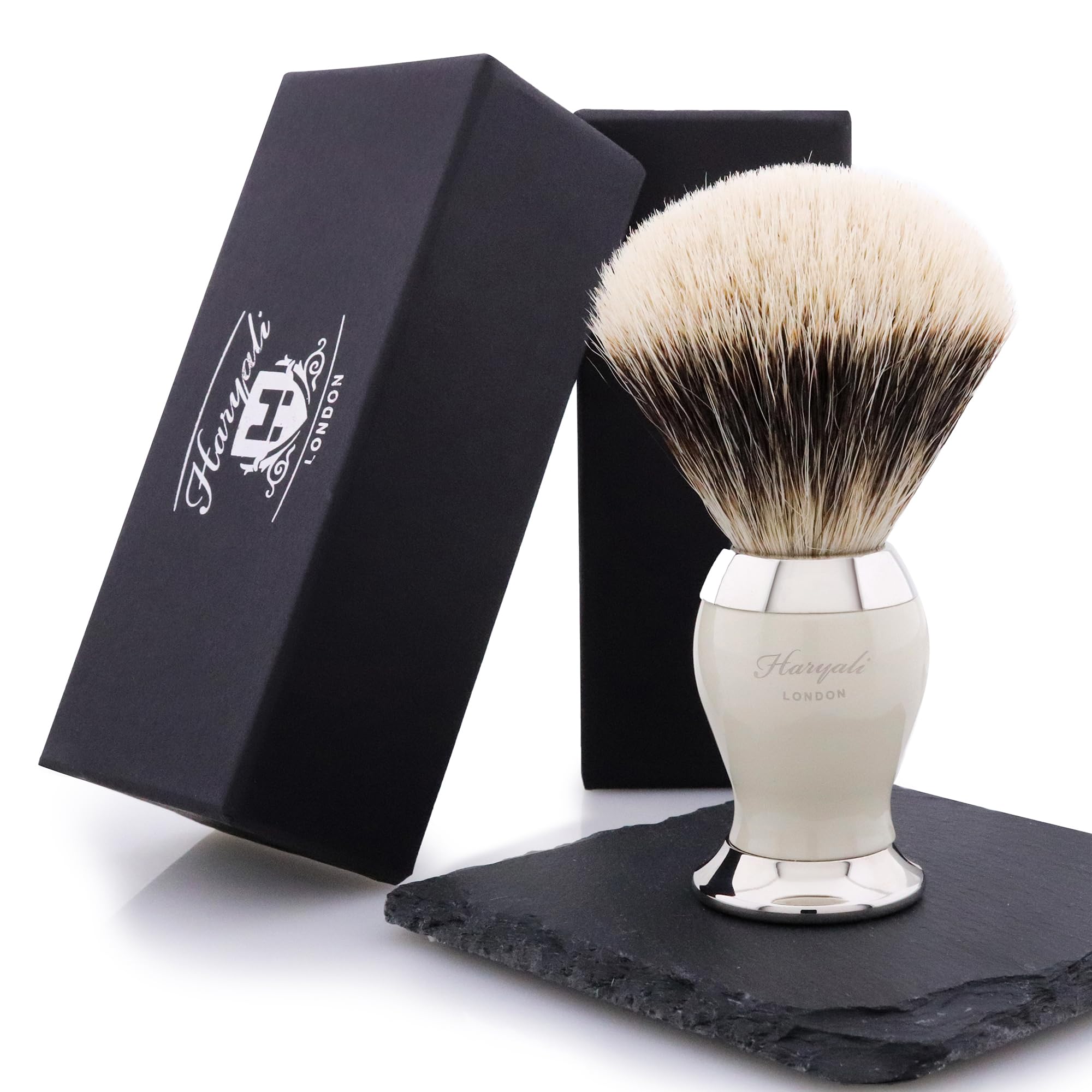 Haryali London Synthetic Silvertip Badger Hair Shaving Brush | Men's Shaving Brush with Handle Made of Ivory Precious Resin Brass Coated Base | Face Beard Hair Cleaning Shaving Tool
