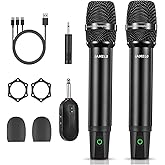 Wireless Microphones, 2.4 GHz Metal Rechargeable Wireless Mics with Dual Professional UHF Handheld Karaoke Microphone System with Receiver, Dynamic Mic for Church, Singing, Speech, Wedding, Party