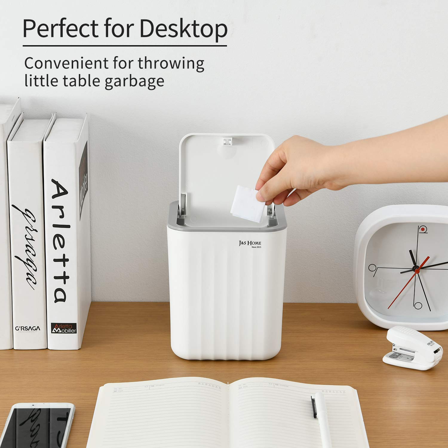 0.6 Gal Mini Desktop Trash Can with Lid, Small Square Countertop Garbage Bin, Plastic Tiny Tabletop Wastebasket for Office/Kitchen/Coffee Table, White: Industrial & Scientific