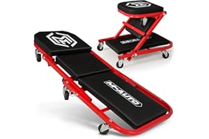 M-AUTO Foldable Z Creeper 2-in-1 Rolling Folding Car Creeper & Seat, 36" Adjustable Roller Garage Chair Lay Down or Sit, 330LBS Capacity Under Car Roller Creeper with 6 Swivel Casters, Red