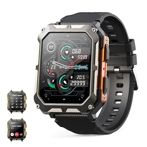 Smart watch military for men with call dials that can make calls and answer calls compatible for iOS Android, Fitness Activity tracker with IP68 Waterproof Ai voice, with 123 Sports Modes