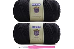 Mooaske 2 Pack T-Shirt Crochet Yarn for DIY Knitting Crochet Cloth Blanket Bag Dolls - 400g Chunky Thick Yarn for Crocheting with Polyester-Spandex Blend Elastic Fabric (Black)
