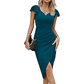 Missufe Women's Ruffle Flutter Sleeve Sweetheart Ruched Wrap Bodycon Summer Party Formal Midi Slit Dress