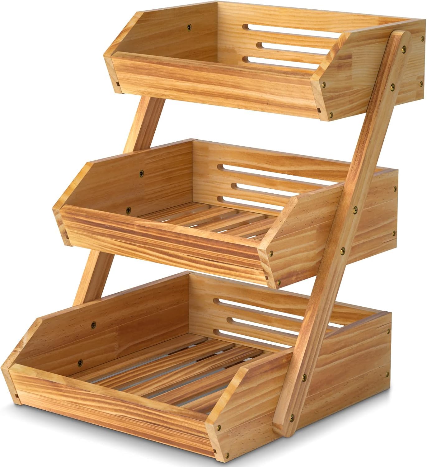 CALM COZY Fruit Basket, 3 Tier Wooden Fruit Basket Bowl Holder for Kitchen, Bread Fruit Storage Basket Wooden Vegetable Rack