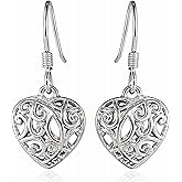 Filigree Heart Dangle Earrings - Platinum Plated 925 Sterling Silver Open Drop Earrings - Openwork Heart Dangling Earring Jewelry Birthday Christmas Gifts for Women
