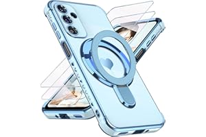 Liufcx for Samsung Galaxy A16 5G Love Heart Kickstand Case with 2X Screen Protector: Luxury Plated Gold Edge Slim Soft TPU Shockproof Protection Case Cover for Galaxy A16 (Blue)
