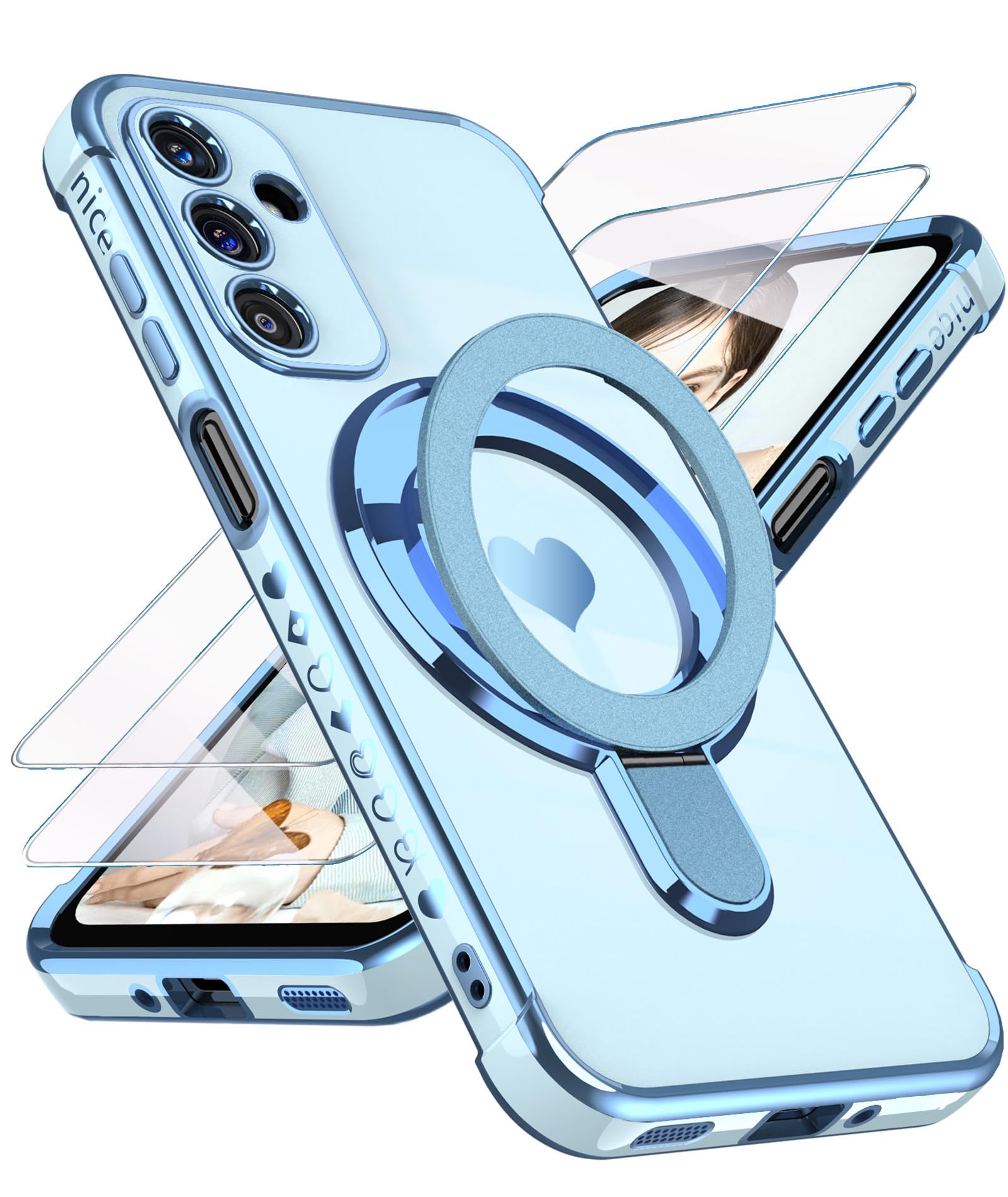Liufcx for Samsung Galaxy A16 5G Love Heart Kickstand Case with 2X Screen Protector: Luxury Plated Gold Edge Slim Soft TPU Shockproof Protection Case Cover for Galaxy A16 (Blue)