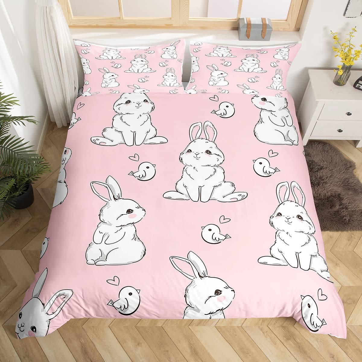 Kids Rabbit Bedding Set Cute Rabbit Heart Bird Duvet Cover for Boys Girls Watercolor Cartoon Wild Animal Comforter Cover Pink 3Pcs Double Size
