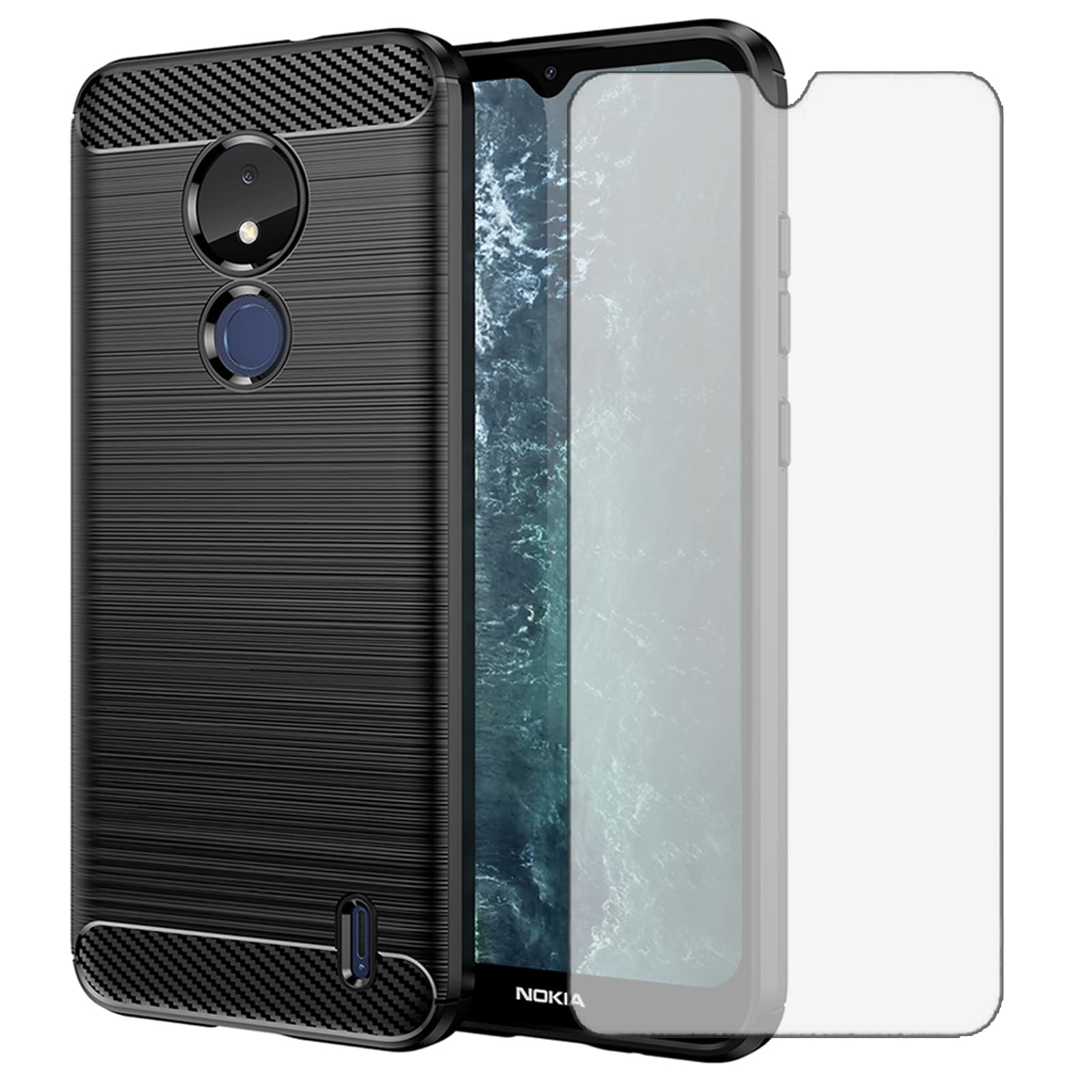 Asuwish Compatible with Nokia C21 Case(Not Fit C21 Plus) and Tempered Glass Screen Protector with Cell Accessories Shockproof Soft Slim Silicone Carbon Fiber Phone Cover for NokiaC21 Women Men Black