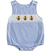 Mobbdow Newborn Baby Boy Thanksgiving Outfit Turkey Embroidery Sleeveless Smocked Bubble Romper Plaid Bodysuit Fall Clothes